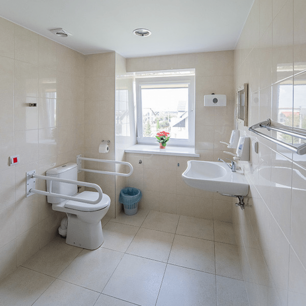 Pritaikytas globos namų vonios kambarys su turėklais prie tualeto, kriaukle ir plačiu praėjimu